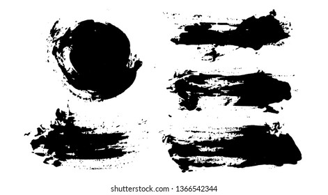 Brush strokes. Vector paintbrush set. Grunge design elements. Rectangle and round text boxes. Dirty distress texture banners. Ink splatters. Grungy painted objects.