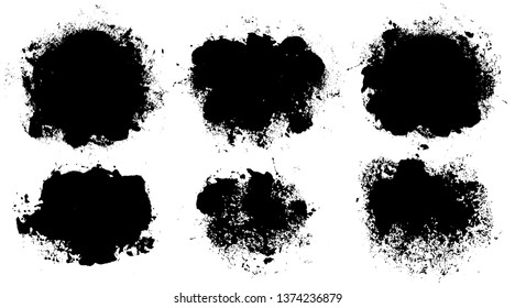 Brush strokes. Vector paintbrush set. Grunge design elements. Rectangle and round text boxes. Dirty distress texture banners. Ink splatters. Grungy painted objects.