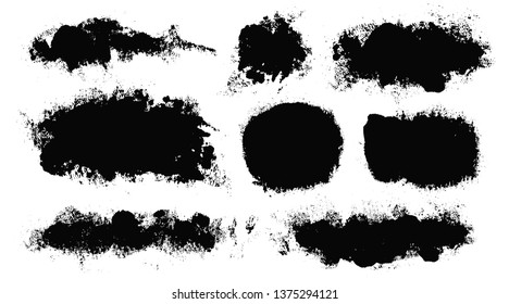 Brush strokes. Vector paintbrush set. Round grunge design elements. Rectangle text boxes. Dirty distress texture banners. Ink splatters. Grungy painted objects. Fabric imprint. Textile cloth material