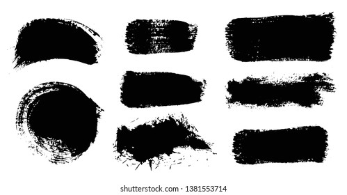 Brush strokes. Vector paintbrush set. Grunge design elements. Rectangle and round text boxes. Dirty distress texture banners. Ink splatters. Grungy painted objects.