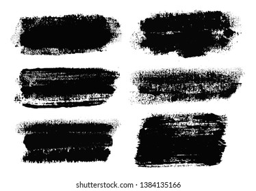 Brush strokes. Vector paintbrush set. Grunge design elements. Rectangle text boxes. Dirty distress texture banners. Ink splatters. Grungy painted objects. Fabric imprint. Textile cloth material