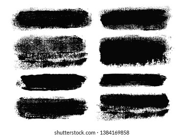 Brush strokes. Vector paintbrush set. Grunge design elements. Rectangle text boxes. Dirty distress texture banners. Ink splatters. Grungy painted objects. Fabric imprint. Textile cloth material
