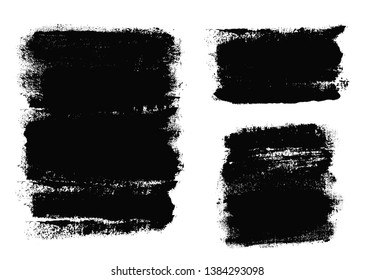 Brush strokes. Vector paintbrush set. Grunge design elements. Rectangle text boxes. Dirty distress texture banners. Ink splatters. Grungy painted objects. Fabric imprint. Textile cloth material