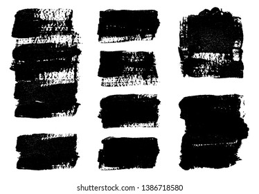 Brush strokes. Vector paintbrush set. Grunge design elements. Rectangle text boxes. Dirty distress texture banners. Ink splatters. Grungy painted objects.