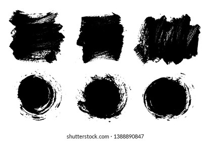 Brush strokes. Vector paintbrush set. Grunge design elements. Rectangle round text boxes. Dirty distress texture banners. Ink splatters. Grungy painted burst. Messy speech bubbles