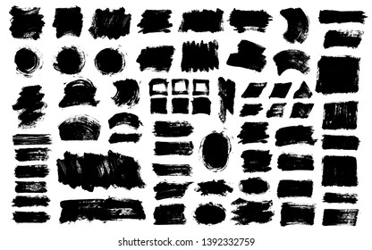 Brush strokes. Vector paintbrush set. Grunge design elements. Square text boxes. Dirty distress texture banners. Ink splatters. Grungy painted objects.