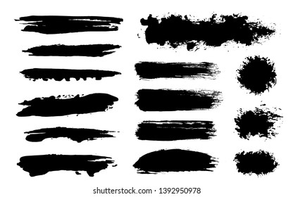 Brush strokes. Vector paintbrush set. Grunge design elements. Rectangle round text boxes. Thin dirty distress texture banners. Ink splatters. Grungy painted lines.