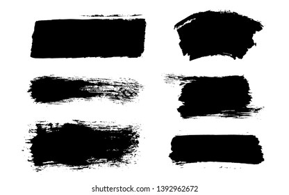 Brush strokes. Vector paintbrush set. Grunge design elements. Rectangle text boxes. Thin dirty distress texture banners. Ink splatters. Grungy painted lines.