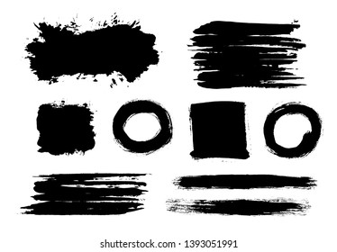Brush strokes. Vector paintbrush set. Circle grunge design elements. Rectangle and square text boxes. Thin dirty distress texture banners. Ink splatters. Grungy painted lines.