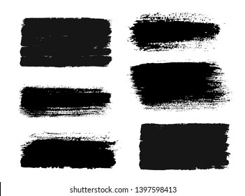 Brush strokes. Vector paintbrush set. Grunge design elements. Rectangle text boxes. Dirty distress texture banners. Ink splatters. Grungy painted objects.