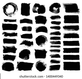 Brush strokes. Vector paintbrush set. Circle grunge design elements. Rectangle and square text boxes. Round dirty distress texture banners. Ink splatters. Grungy painted lines