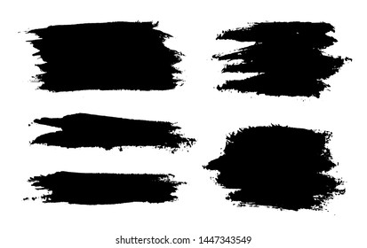 Brush strokes. Vector paintbrush set. Grunge design elements. Rectangle text boxes. Thin dirty distress texture banners. Ink splatters. Grungy painted banners.