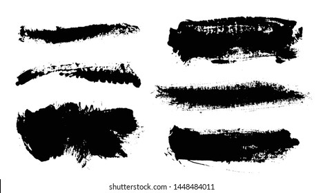 Brush strokes. Vector paintbrush set. Grunge design elements. Rectangle text boxes. Thin dirty distress texture banners. Ink splatters. Grungy painted banners.