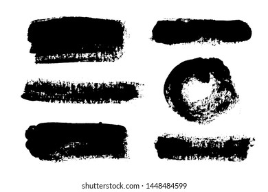 Brush strokes. Vector paintbrush set. Grunge design elements. Rectangle text boxes. Thin dirty distress texture banners. Ink splatters. Grungy painted banners.