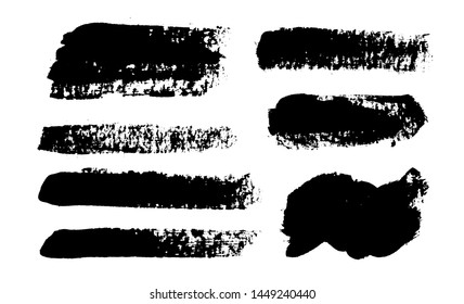 Brush strokes. Vector paintbrush set. Grunge design elements. Rectangle text boxes. Thin dirty distress texture banners. Ink splatters. Grungy painted wave.