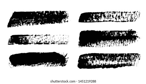 Brush strokes. Vector paintbrush set. Grunge design elements. Rectangle text box. Dirty distress texture banners. Ink splatters. Grungy painted objects