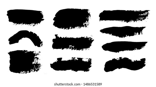 Brush strokes. Vector paintbrush set. Grunge design elements. Rectangle text boxes. Thin dirty distress texture banners. Ink splatters. Grungy painted banners.