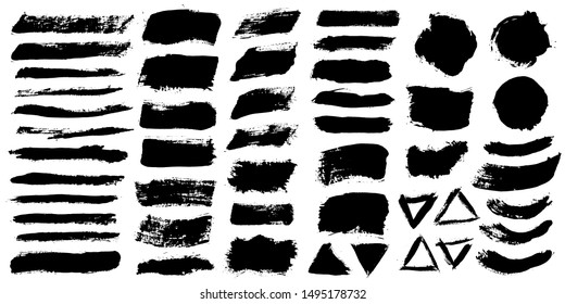 Brush strokes. Vector paintbrush set. Grunge design elements. Rectangle and triangle text boxes. Round speech bubbles Thin dirty distress texture banners. Ink splatters. Grungy painted badges.