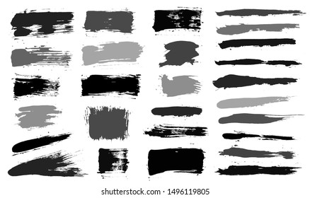 Brush strokes. Vector paintbrush set. Grunge design elements. Rectangle text boxes or speech bubbles. Thin dirty distress texture banners. Ink splatters. Grungy painted badges.