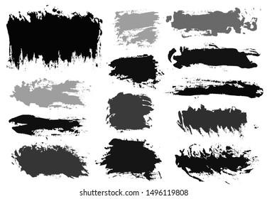 Brush strokes. Vector paintbrush set. Grunge design elements. Rectangle text boxes or speech bubbles. Thin dirty distress texture banners. Ink splatters. Grungy painted badges.