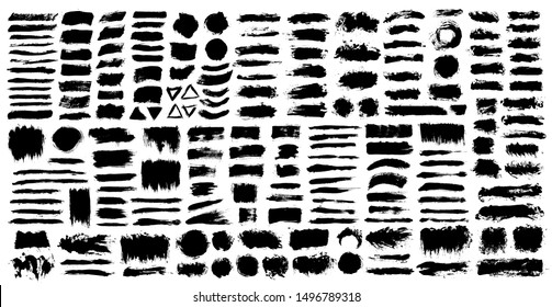 Brush strokes. Vector paintbrush set. Grunge design elements. Rectangle text boxes. Round speech bubbles. Thin dirty distress texture banners. Ink splatters. Grungy painted badges.