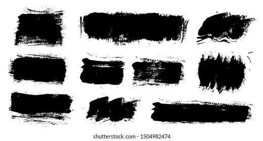 Brush strokes. Vector paintbrush set. Grunge design elements. Rectangle text boxes or speech bubbles. Dirty distress texture banners. Ink splatters. Grungy painted badges.