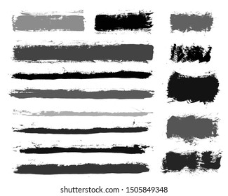 Brush strokes. Vector paintbrush set. Grunge design elements. Rectangle text boxes or speech bubbles. Thin dirty distress texture banners. Ink splatters. Grungy painted banners.