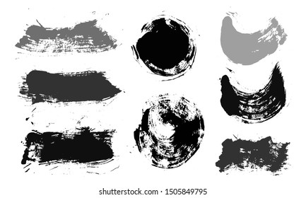Brush strokes. Vector paintbrush set. Grunge design elements. Rectangle text boxes. Thin dirty distress texture banners. Ink splatters. Grungy painted banners. Round speech bubbles
