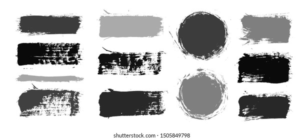 Brush strokes. Vector paintbrush set. Grunge design elements. Rectangle text boxes. Thin dirty distress texture banners. Ink splatters. Grungy painted banners. Round speech bubbles