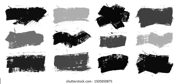 Brush strokes. Vector paintbrush set. Grunge design elements. Rectangle text boxes or speech bubbles. Thin dirty distress texture banners. Ink splatters. Grungy painted banners.