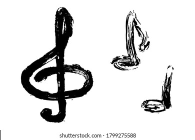 Brush strokes. Vector paintbrush set. Grunge design elements. Rectangle and triangle text boxes. Round speech bubbles Thin dirty distress texture banners.  Music, notes, treble clef, musical compositi