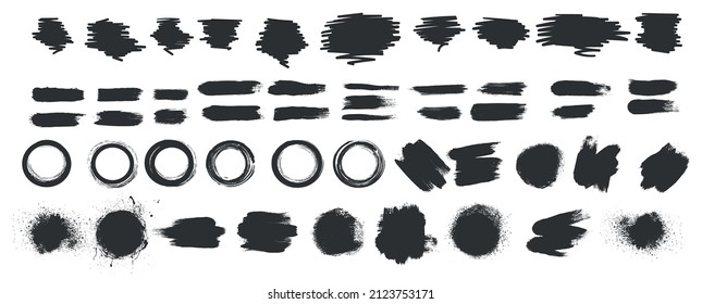 Brush strokes. Vector paintbrush set. Grunge design elements. Rectangle text boxes. Dirty distress texture banners. Ink splatters. Grungy painted objects.