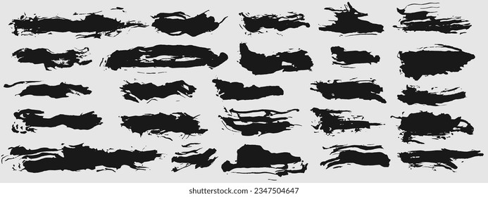 Brush strokes. Vector paintbrush set. Grunge design elements. Long text boxes. Dirty texture banners. Ink splatters. Dry hand drawn smear. Painted objects