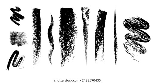 Pinceladas. Juego de pinceles vectoriales. Elementos de diseño Grunge. Cuadros de texto rectangulares. Banners de textura sucia. Salpicaduras de tinta. Objetos pintados sucios.