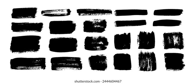 Brush strokes. Vector paintbrush set. Grunge design elements. Rectangle text boxes. Dirty distress texture banners. Ink splatters. Grungy painted objects.