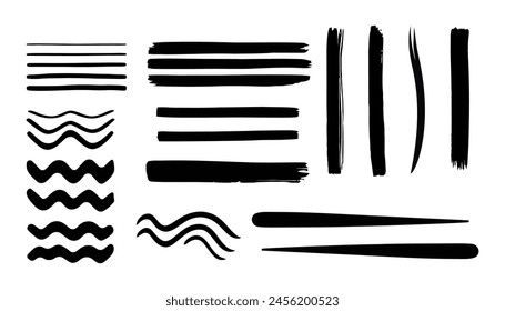 Brush strokes. Vector paintbrush set. Grunge design elements. Ink splatters. Grungy painted objects.