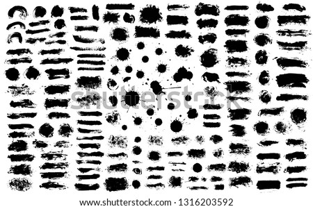 Brush strokes. Vector paintbrush set. Round grunge design elements. Long text boxes. Dirty texture banners. Blots ink splatters. Painted objects.