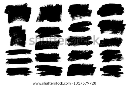 Brush strokes. Vector paintbrush set. Grunge design elements. Long text boxes. Dirty distress texture banners. Ink splatters. Grungy painted objects. Shape of zig zag lightning