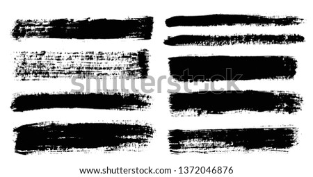 Brush strokes. Vector paintbrush set. Grunge design elements. Rectangle text boxes. Dirty distress texture banners. Ink splatters. Grungy painted objects.