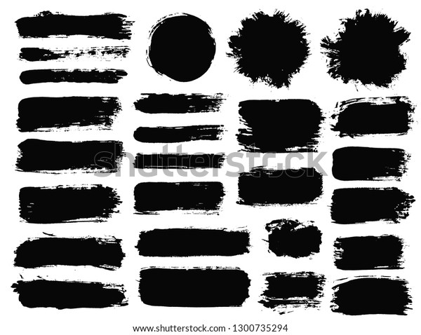 ブラシストローク ベクターペイントブラシセット 丸いグランジデザインエレメント 長いテキストボックス 汚いテクスチャバナー インクスプラッタ ペイントされたオブジェクト のベクター画像素材 ロイヤリティフリー