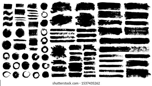 Brush strokes. Vector paintbrushes set. Grunge design elements. Rectangle text boxes, round speech bubbles. Dirty distress texture banners. Ink splatters. Grungy painted bursts.