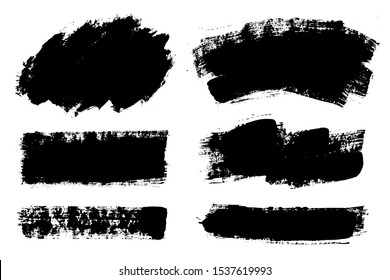 Brush strokes. Vector paintbrushes set. Grunge design elements. Rectangle text boxes, burst speech bubbles. Dirty distress texture banners. Ink splatters. Grungy painted shapes.