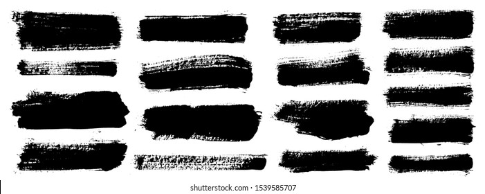 Brush strokes. Vector paintbrushes set. Grunge design elements. Rectangle text boxes, burst speech bubbles. Dirty distress texture banners. Ink splatters. Grungy painted shapes.