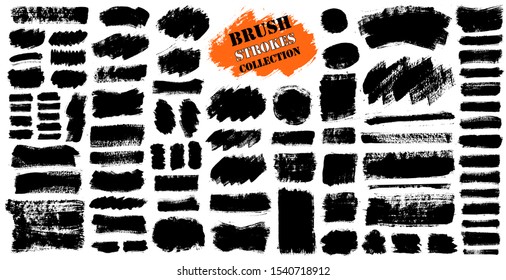 Brush strokes. Vector paintbrushes set. Grunge design elements. Rectangle text boxes, round speech bubbles. Dirty distress texture banners. Ink splatters. Grungy painted bursts.