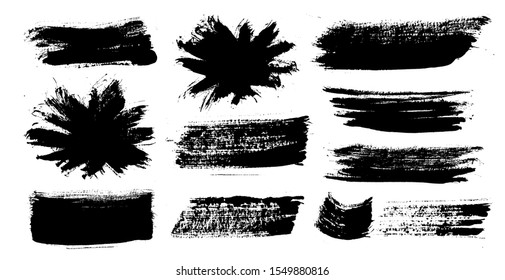 Brush strokes. Vector paintbrushes set. Grunge design elements. Rectangle text boxes, speech bubbles. Dirty distress texture banners. Ink splatters. Grungy painted bursts.