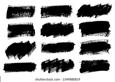 Brush strokes. Vector paintbrushes set. Grunge design elements. Rectangle text boxes, speech bubbles. Dirty distress texture banners. Ink splatters. Grungy painted bursts.