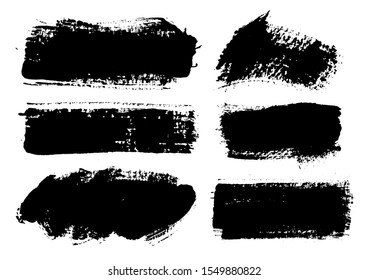 Brush strokes. Vector paintbrushes set. Grunge design elements. Rectangle text boxes, speech bubbles. Dirty distress texture banners. Ink splatters. Grungy painted bursts.