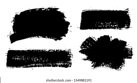 Brush strokes. Vector paintbrushes set. Grunge design elements. Rectangle text boxes, round speech bubbles. Dirty distress texture banners. Ink splatters. Grungy painted bursts.
