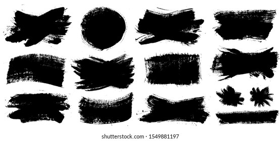 Brush strokes. Vector paintbrushes set. Grunge design elements. Rectangle text boxes, round speech bubbles. Dirty distress texture banners. Ink splatters. Grungy painted bursts.