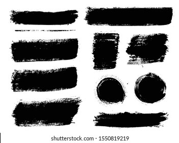 Brush strokes. Vector paintbrushes set. Grunge design elements. Rectangle text boxes, round speech bubbles. Dirty distress texture banners. Ink splatters. Grungy painted bursts.